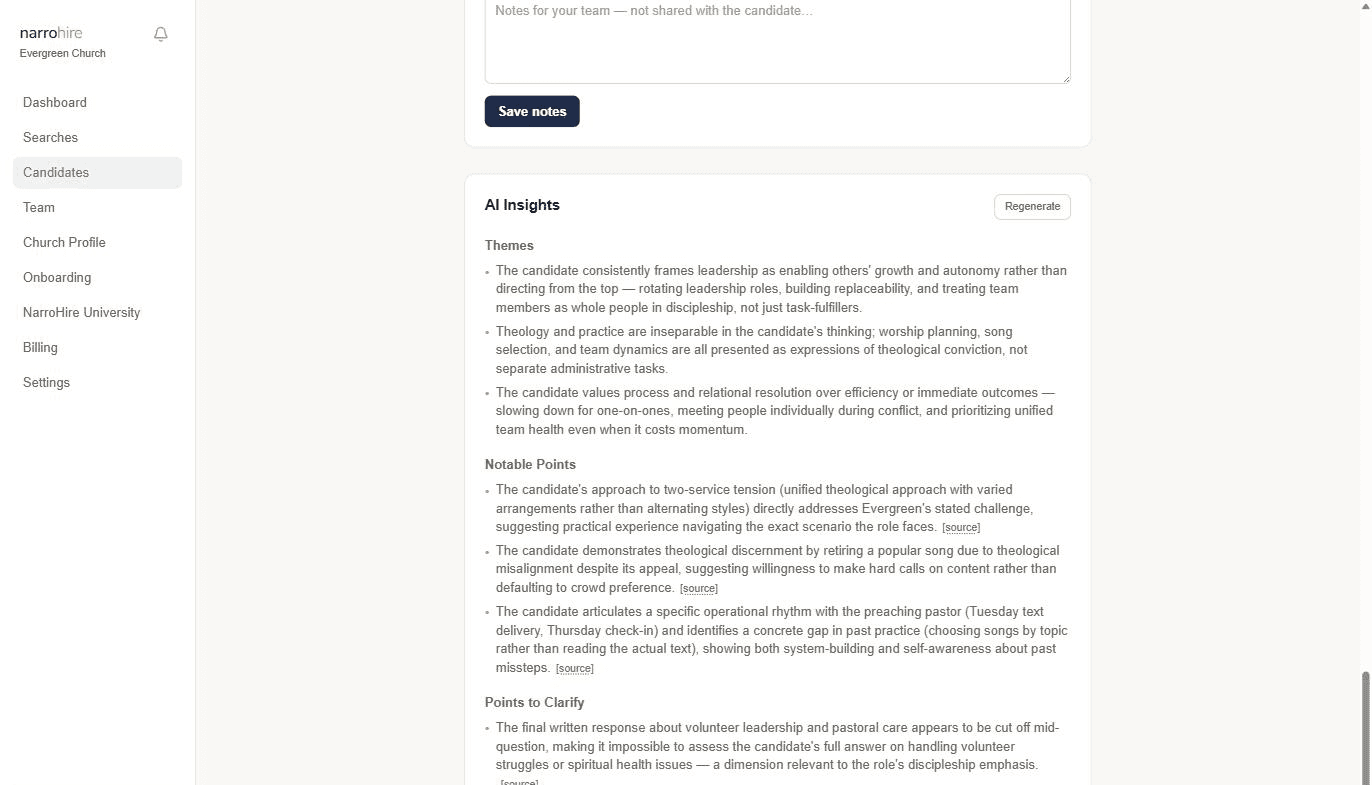 The AI Insights panel for a candidate, with themes, notable points, and points to clarify, each citing its source answer