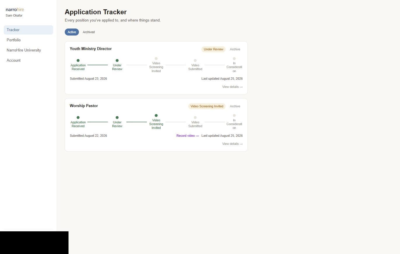 A candidate's application tracker showing two positions at two different churches, both pulling from one portfolio
