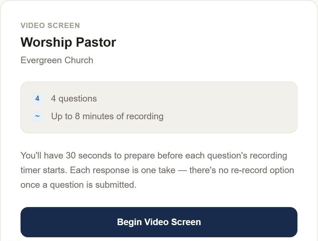 A candidate’s async video screen invitation, before recording