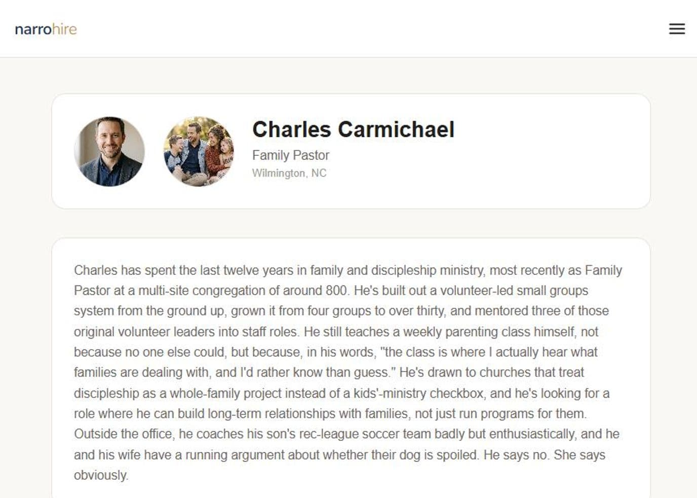 A candidate's public portfolio page, showing their header with photos, title, and ministry bio