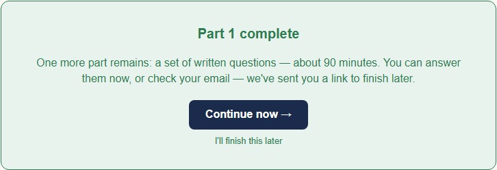 The between-parts screen: a real time estimate in minutes, not a vague "quick set of questions"