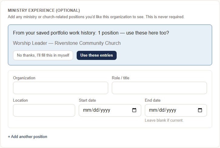 The ministry-experience reuse prompt, honest about its real source: your saved portfolio work history