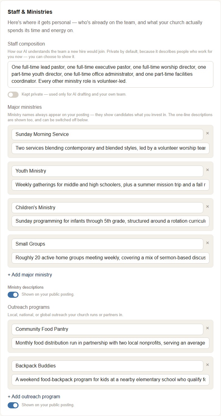 Staff & Ministries step: private-by-default Staff composition above the Major Ministries list, where names are always public but each description has its own visibility toggle