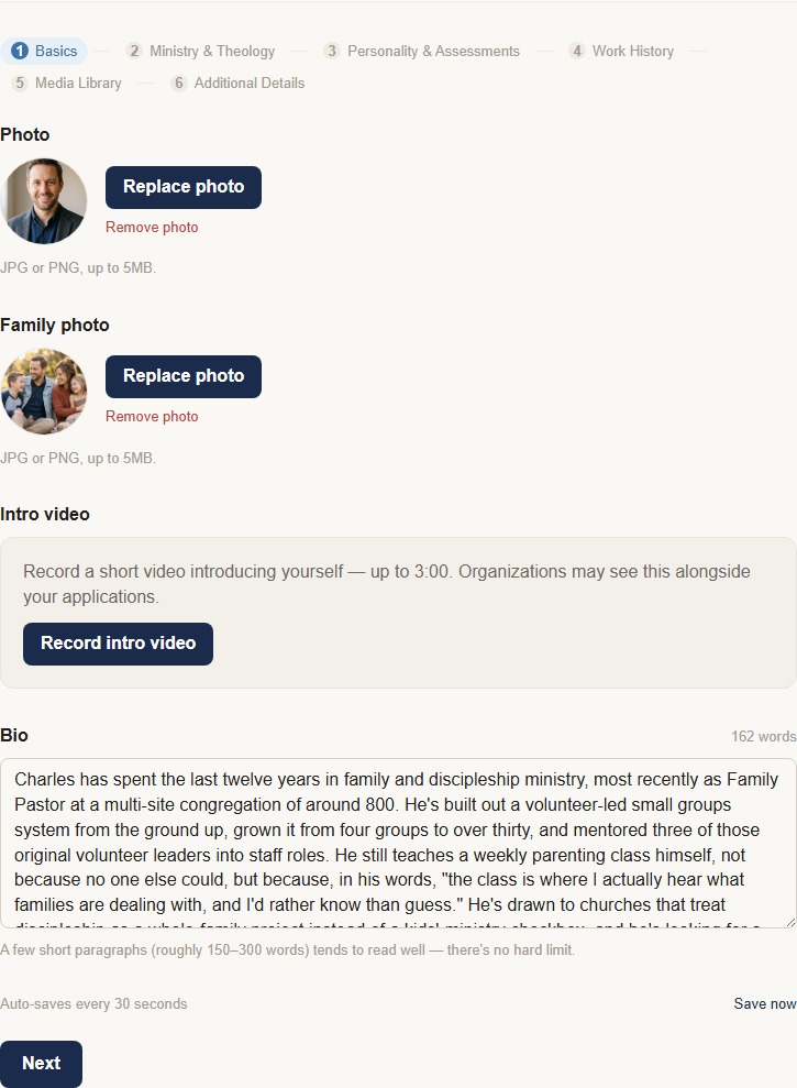 Basics step: personal photo and family photo side by side, intro video slot, and the bio field