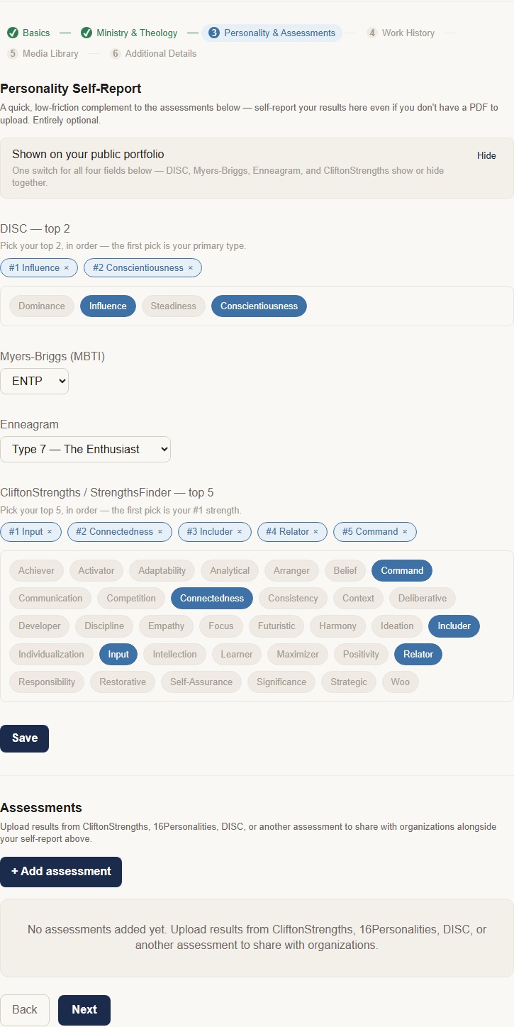 Personality & Assessments step: Personality Self-Report (DISC, Myers-Briggs, Enneagram, CliftonStrengths) above the separate Assessments upload area