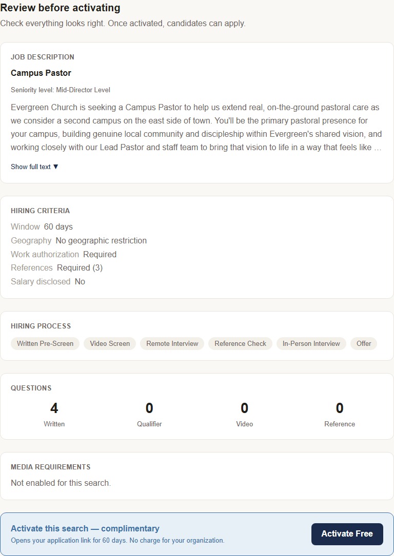 The real activation review page: full job description, hiring criteria, process, question counts, and media requirements, with Activate at the bottom