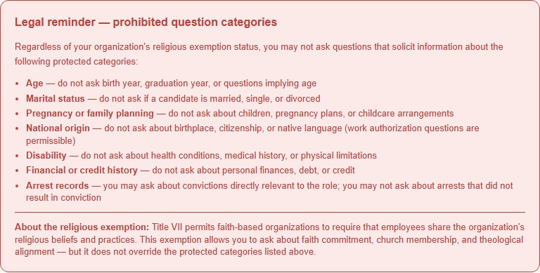 The Questions step's legal reminder — prohibited categories listed plainly, not buried in fine print