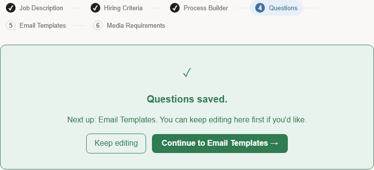 The setup-complete panel — its button continues to Email Templates, not to real activation